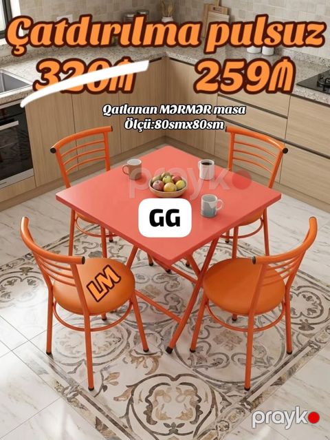 Qatlanabilən mərmər masa dəsti - Masa ölçüsü: 80 sm x 80 sm - Kompakt — Bakı