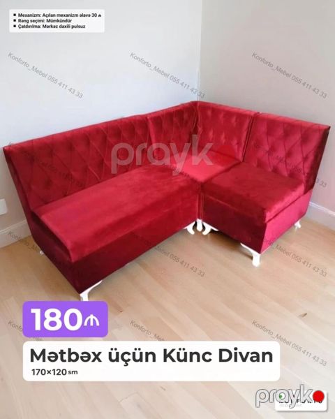 Mətbəx üçün Künc Divan – 170×120 sm - Parlaq qırmızı rəngli, məxməri — Bakı