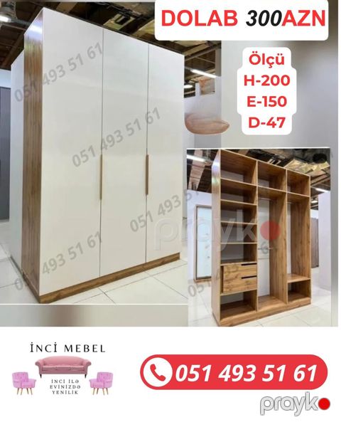 Yeni, 3 qapılı, Siyirməli, Ağ, Açılan, Düz dolab — Bakı