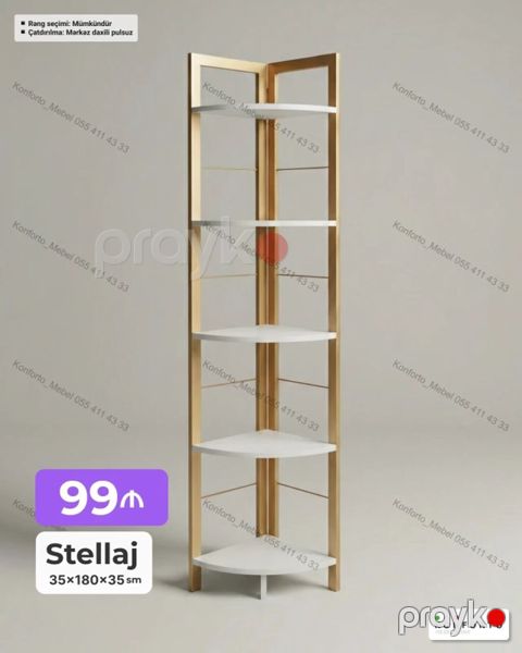 Stellaj – künc rəf sistemi Ölçülər: 35 180 35 sm Dizayn: qızılı — Bakı
