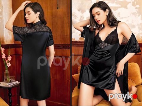 Qadınlar üçün gecə köynəyi dəsti ŞHN030, qara, pambıq/elastan, ölçü L/XL — Bakı