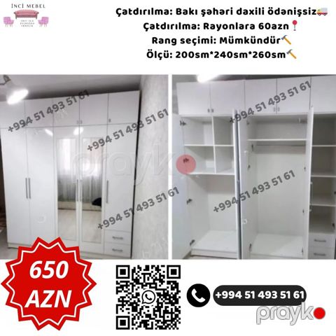 Yeni, 3 qapılı, Güzgülü, Ağ, Açılan, Düz dolab — Bakı