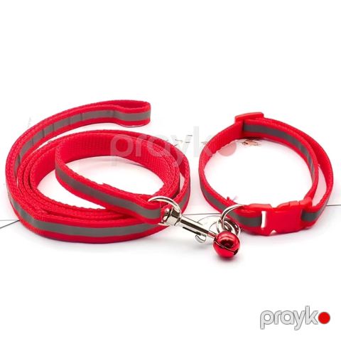 Boyunluq və xalta dəsti No Brand pişiklər və kiçik itlər üçün, 120 sm ip, 19-33 sm tənzimlənən boyunluq, gecə işığı əks etdirən, qırmızı — Bakı