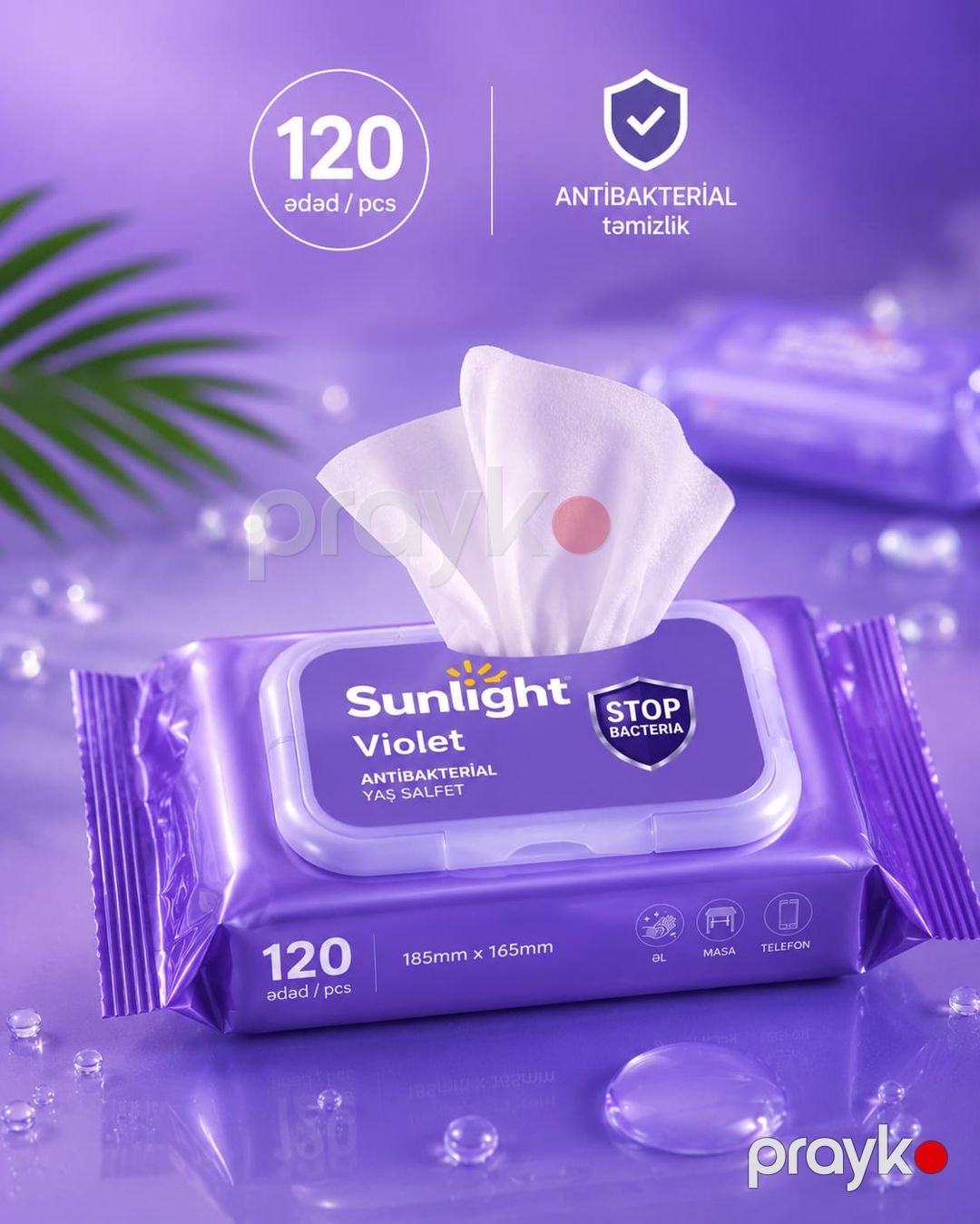 Uşaq nəm salfeti Sunlight Bədən üçün, Əllər üçün, üz üçün, bütün səthlər üçün 120 əd Antibakterial Universal Hipoallergen bənövşə ətirli — Mallar, Bakı (2)