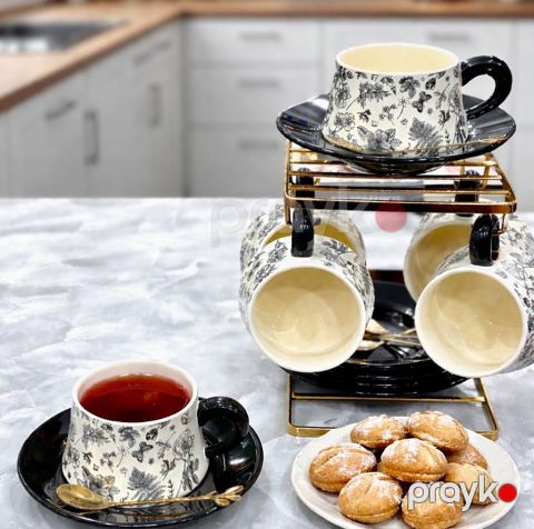 Çay fincan dəsti, 6 nəfərlik, 19 parça, 6 fincan, 6 nəlbəki, 6 qaşıq, 1 metal asılqan, qara - homestore_vm2218 — Bakı