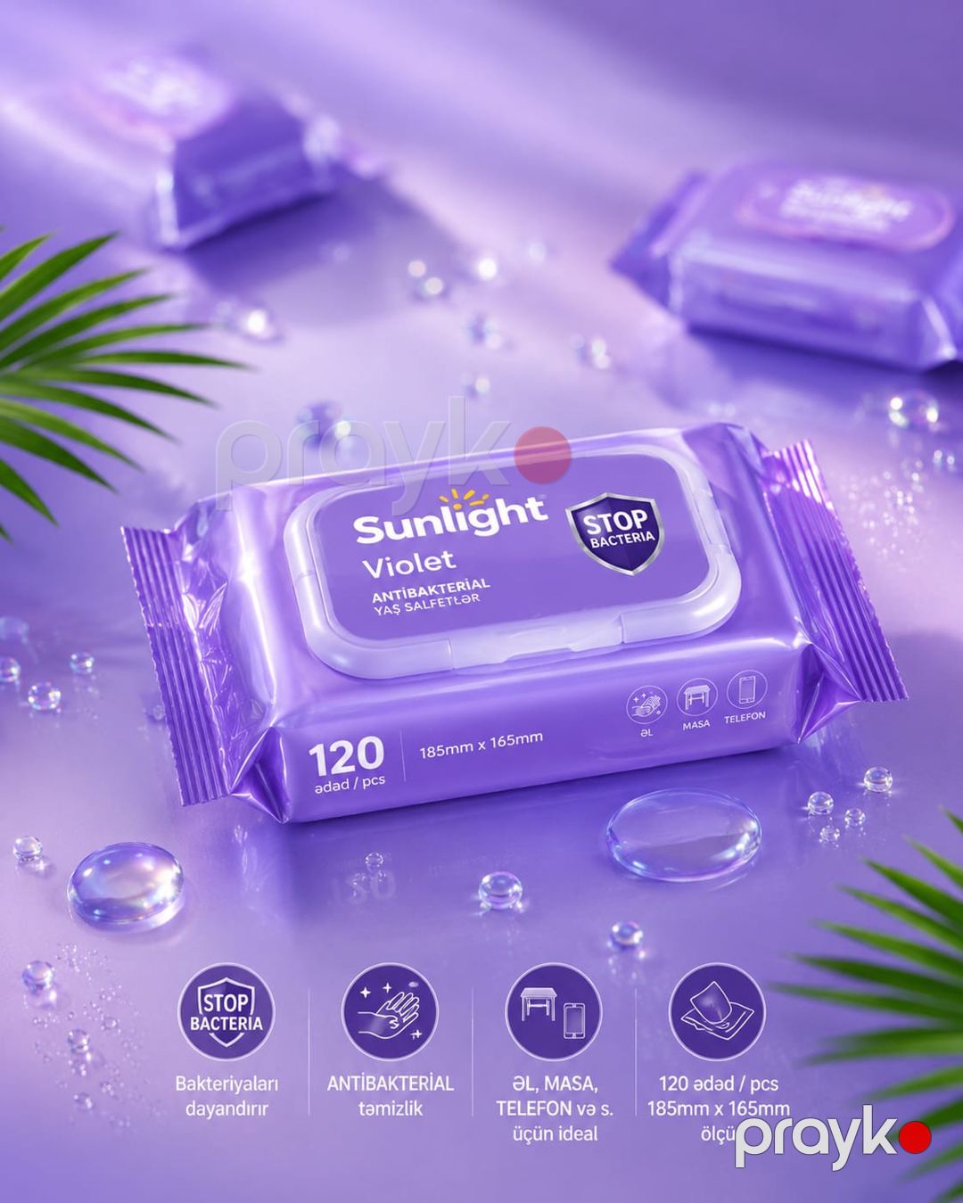 Uşaq nəm salfeti Sunlight Bədən üçün, Əllər üçün, üz üçün, bütün səthlər üçün 120 əd Antibakterial Universal Hipoallergen bənövşə ətirli — Mallar, Bakı (3)