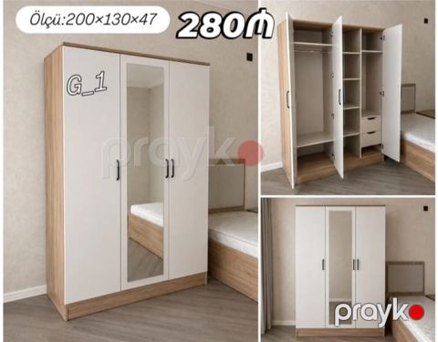 Yeni, 3 qapılı, Güzgülü, Ağ, Açılan, Düz dolab — Digah