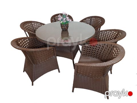 Bağ üçün mebel dəsti Zili Rattan Sofiya, 6 nəfərlik, qəhvəyi; masa ölçüsü: diametr 120 sm, hündürlüyü: 75 sm; kreslo ölçüsü: eni 63 sm, hündürlüyü 80 sm — Bakı