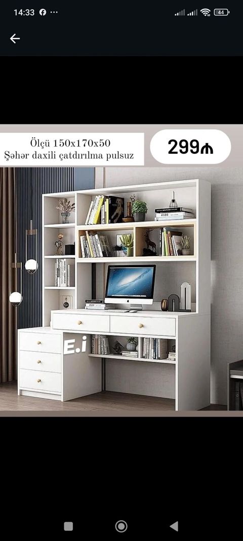 Masa və üst kitab rəfi dəsti - Ölçü: 150 x 170 x 50 sm - Rəng: ağ — Office furniture