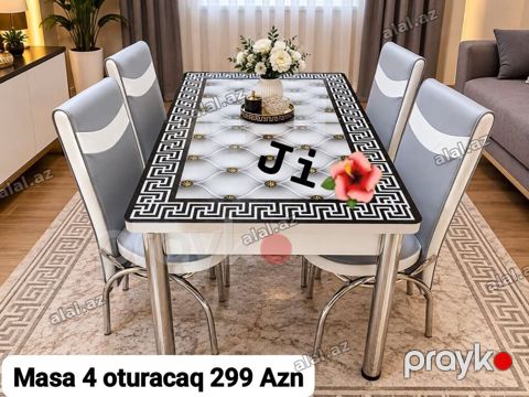 Mətbəx/dinləmə otağı üçün zərif dizaynlı masa və 4 ədəd oturacaq — Bakı