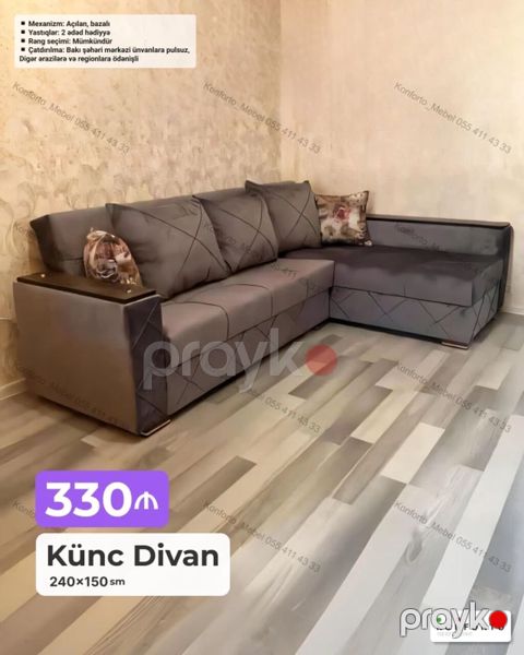 Künc divan – 240×150 sm - Mexanizm: açılan, bazalı (yataq funksiyalı — Bakı