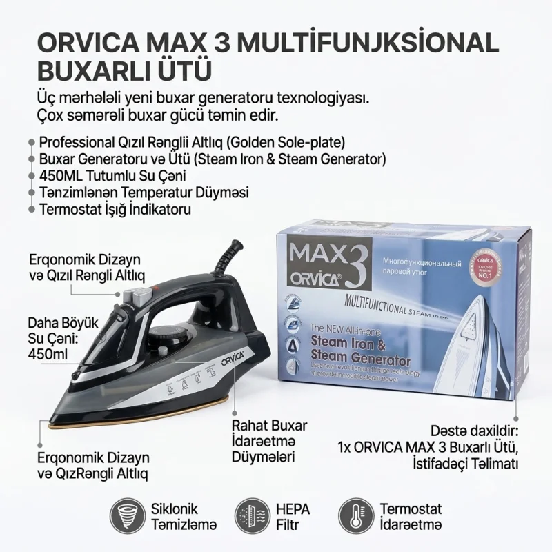 Ütü Orvica Max 3 Keramika 240 Vt Qara — Bakı