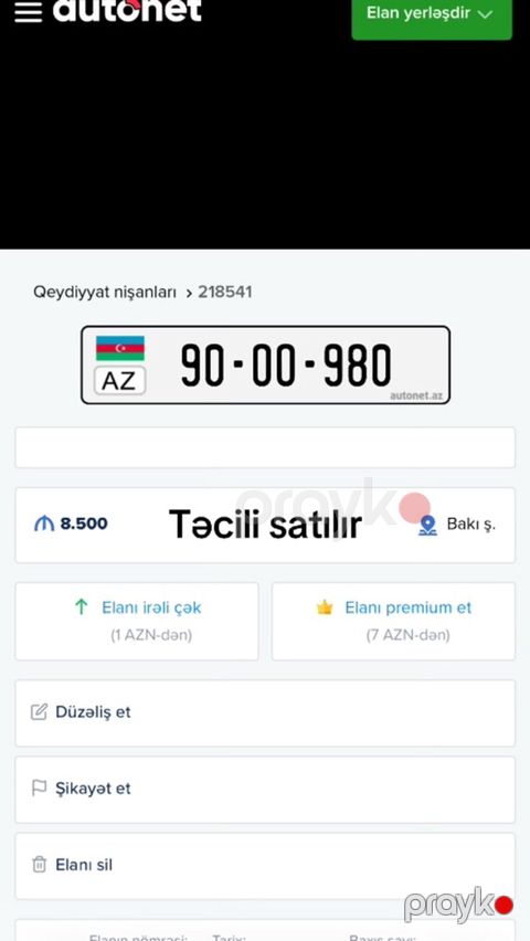 AZ nömrə nişanı: 90-00-980 satılır aformut alan adam tərəfdən