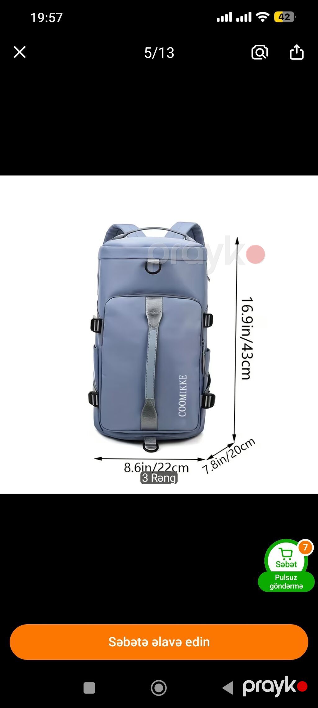 Çoxfunksiyalı Coomıkke çantası – Blue color - Ölçülər: 43 x 22 x 20 — Sport çantaları və sırtçantalar, Xırdalan (2)