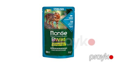 Nəm yem Monge Natural Super Premium Bwild Grain Free Formula, sterilizə edilmiş pişiklər üçün, krevetka və tərəvəz ilə sousda tuna parçaları, 85 q — Bakı