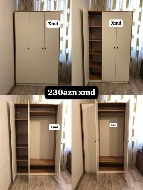 Üç qapılı geyim dolabı - Rəng: ağ ön panellər, taxta naxışlı kənarlar — Dolab Taxt Çarpayı Mebel Fabriki ✨Əfsanə.x — Şkaflar