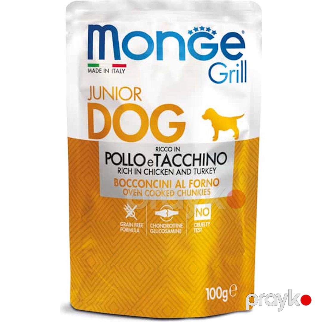 Küçüklər üçün super-premium keyfiyyətli tam rasionlu yem Monge Grill Puppy&Junior toyuq və hindşka əsasında bişirilmiş tikələr 100 q — Mallar, Bakı