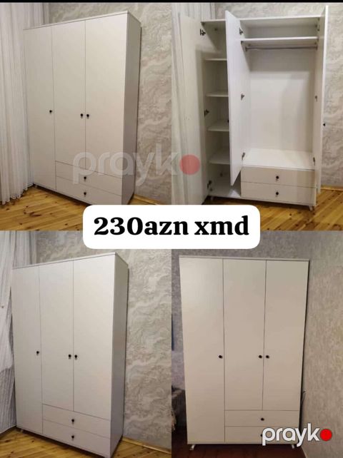 Ağ rəngli 3 qapılı paltar şkafı - Klassik, sadə dizayn – açıq rəng — Mehdiabad