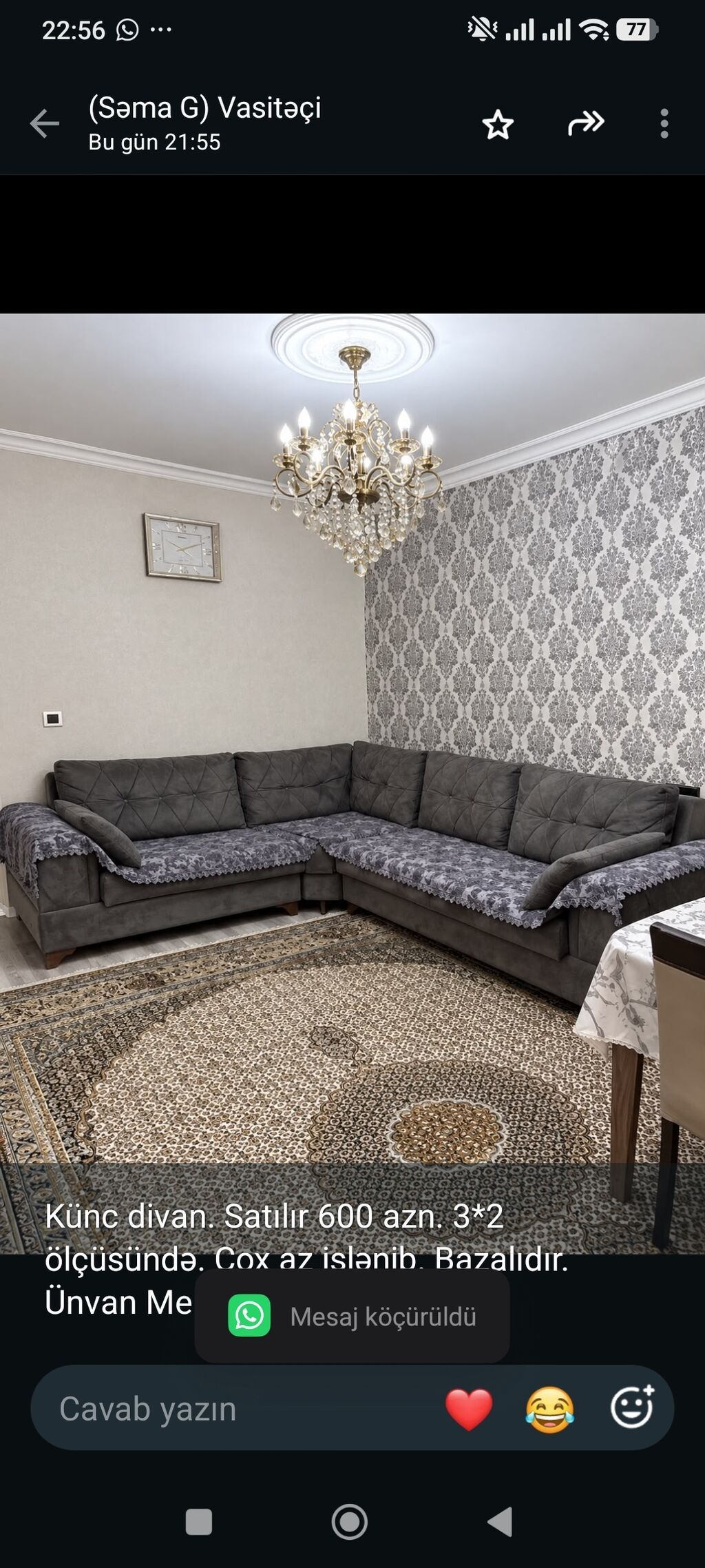 Künc divan. Satılır 600 azn. 3*2 ölçüsündə. Çox az işlənib. Bazalıdır — Divanlər, Bakı