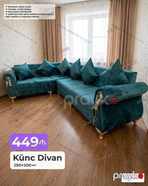 Künc Divan – 280×200 sm - Qiymət: 449 - Mexanizm: açılan, bazalı — Bakı