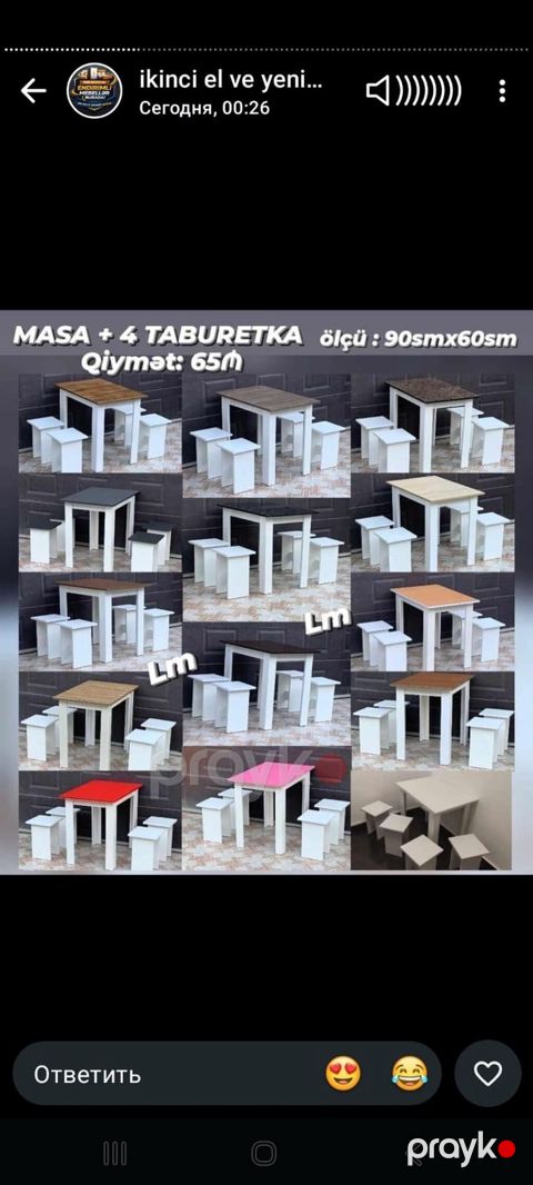 Məhsul: Masa + 4 taburetka dəsti Xüsusiyyətlər: - Ölçü: 90 sm x 60 sm — Bakı