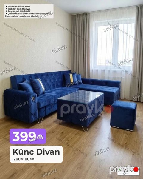Künc divan – 260×160 sm Mexanizm: açılandır, bazalı (alt hissədə — Bakı