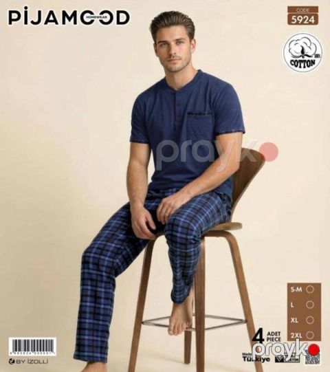 Şalvarlı pijama dəsti kişilər üçün Pijamood 5924_RB, pambıq, göy, ölçü S — Bakı