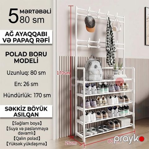 Dəhliz üçün döşəməüstü asılqan və ayaqqabı rəfi EB_1375, ağ, 170x80x26 sm — Bakı