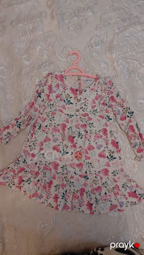 Qız uşaqları üçün geyim dəsti - Çiçək naxışlı uzunqol don (açıq krem — Bakı