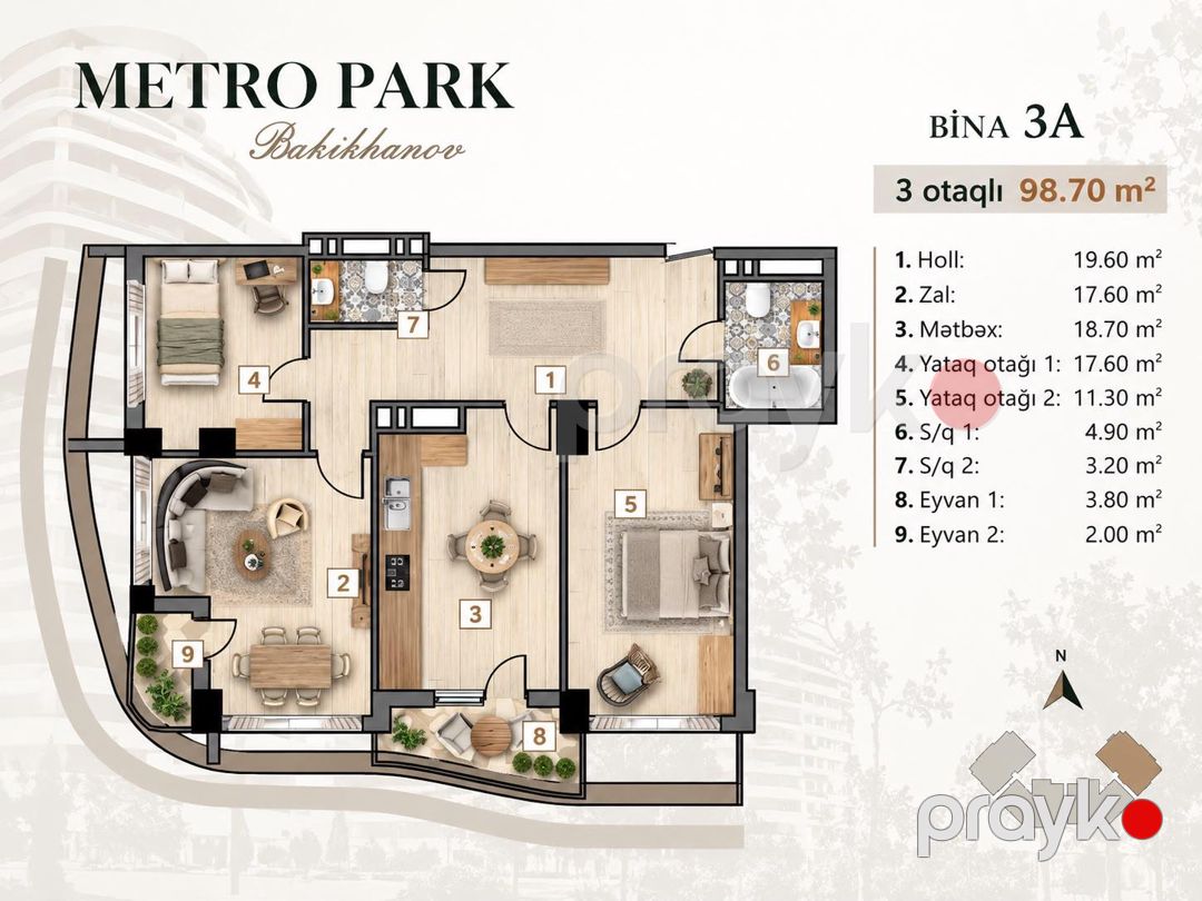 3 otaqlı mənzil, 98.7 m², Sakit Qocayev, 21 (Metropark Bakikhanov) (Roseville Residence) — Mənzil, Bakı (5)