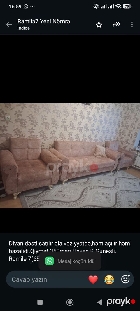 Divan dəsti satılır əla vəziyyətdə,həm açılır həm bazalidi.Qiymət — Bakı