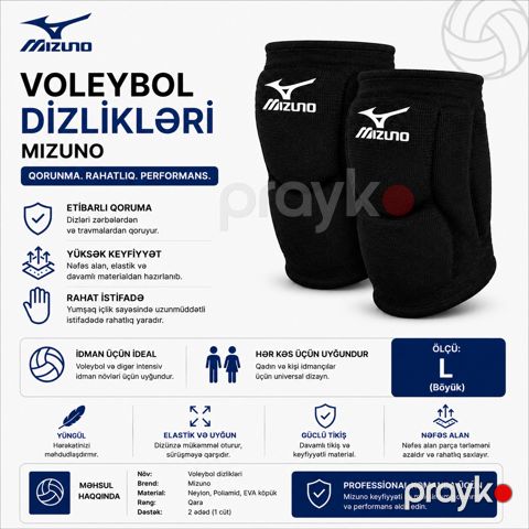 Mizuno Voleybol Dizlikləri, L ölçü, qara, 2 ədəd — Bakı