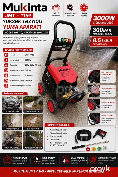 Yüksək təzyiqli yuyucu Mukinta JMT-1169, Benzin, 8.5 litr/saat, 3000 Vt — Bakı