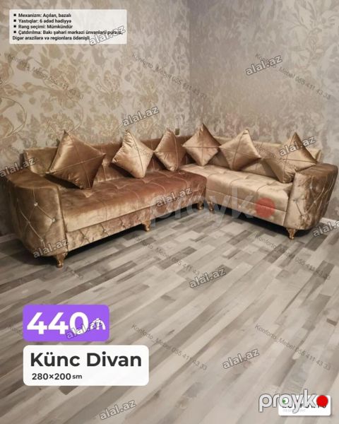 Künc divan – ölçü: 280×200 sm - Mexanizm: açılan, bazalı (yataq — Bakı