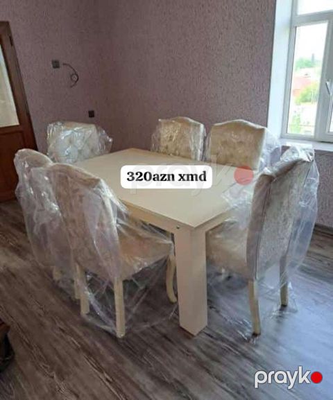 Yemək otağı dəsti – masa + 6 stul - Rəng: krem/əbədi açıq ton - Masa — Bakı