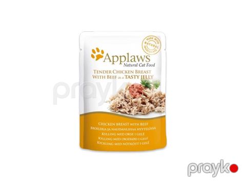 Nəm yem Applaws Tender Chicken with Beef pişiklər üçün jeledə toyuq və mal əti tikələri, 70 q