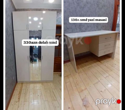 Ağ rəngli şkaf və yazı masası dəsti. - Şkaf: yuxarı hissədə iki — Bakı