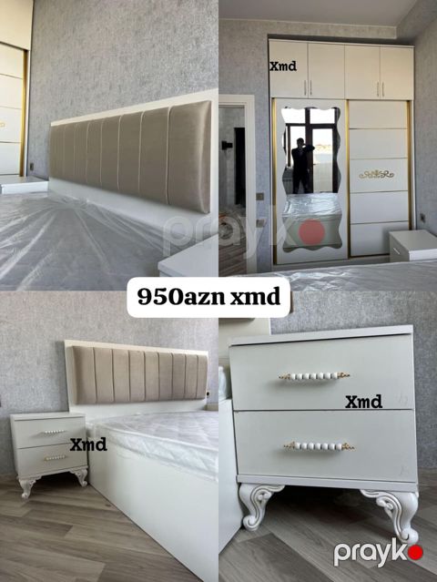 Yataq otağı mebel dəsti - Rəng: ağ və qızılı detallar, yumşaq bej — Bakı