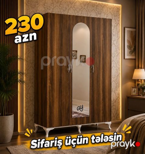 Yeni, 3 qapılı, Güzgülü, Qəhvəyi, Taxta, Açılan, Düz dolab