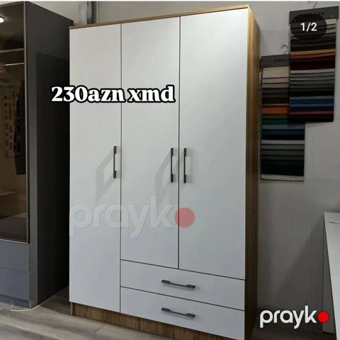 Üç qapılı paltar şkafı - Dizayn: ağ ön panellər və ağac teksturalı — Bakı