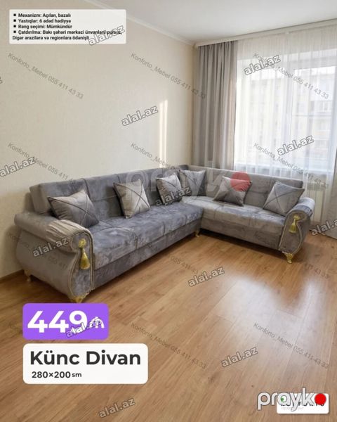 Künc Divan – 280×200 sm - Açılan, bazalı mexanizm: rahat yatacaq və — Bakı