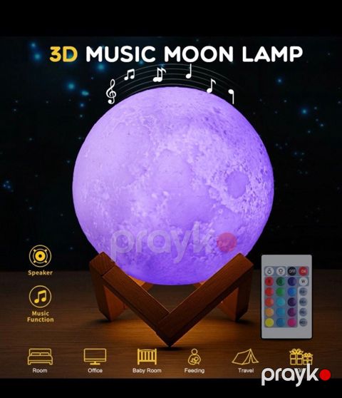 Uşaq gecə lampası Amore Musiqili Ay, 3D dizayn, Bluetooth, RGB işıq, pultla idarəetmə, taxta altlıq, 12 sm - ALF001 — Bakı