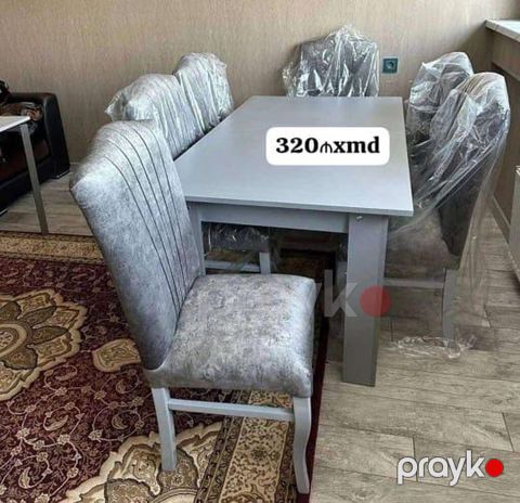 Yemək masası və 6 ədəd stul dəsti - Rəng: açıq boz - Masa: düzbucaqlı — Mehdiabad