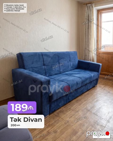 Tək divan – 200 sm Qiymət: 189 Xüsusiyyətlər: - Mexanizm: Açılan — Bakı