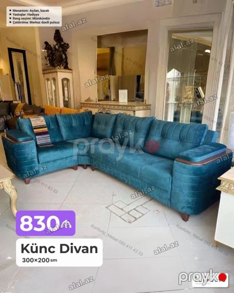 Künc divan – 300×200 sm Tip: Açılan, bazalı mexanizm Yastıqlar — Bakı