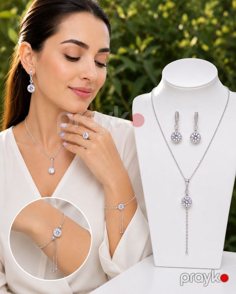 Premium Parlaq Zirkon Daşlı Gümüşü Zinət Dəsti Boyunbağı, Sırğa, Üzük və Qolbağ Komplekti — Bakı