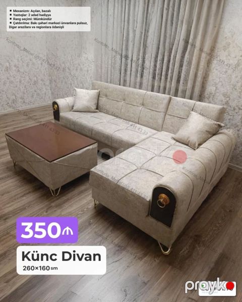 Künc Divan – 260×160 sm - Mexanizm: açılan, bazalı (əlavə saxlama — Bakı