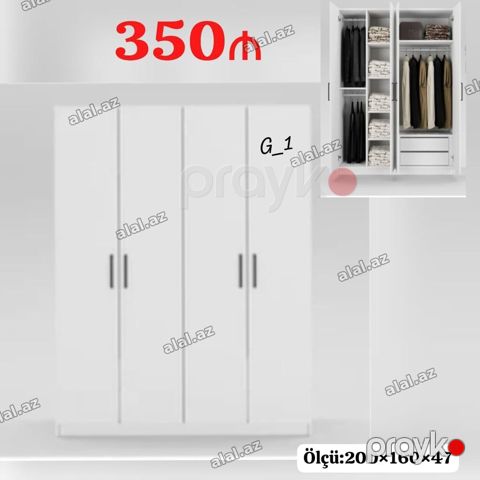 Ağ rəngli 4 qapılı paltar şkafı. Düz xətli, minimal dizayn, tutacaqlar — Bakı