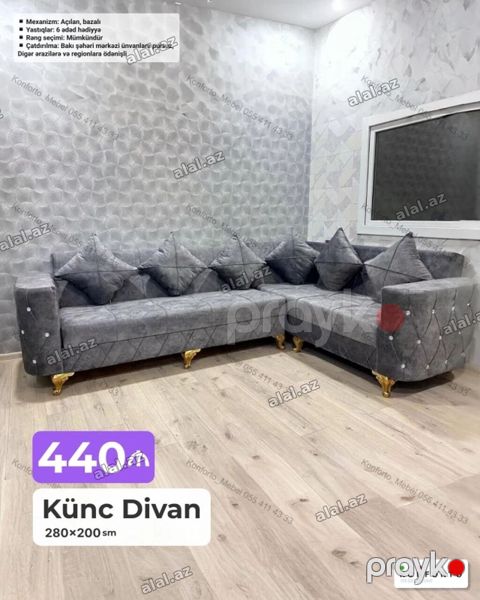 Künc divan – 280×200 sm - Mexanizm: açılan, bazalı (yataq funksiyası — Bakı