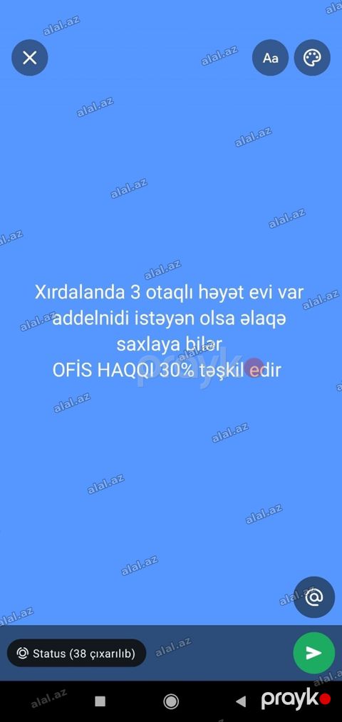 Xırdalanda 3 otaqlı həyət evi təklif olunur. Mətndə qeyd: “Ofis haqqı — Xırdalan